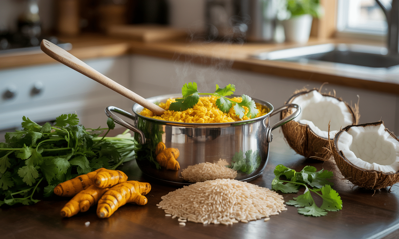 przygotuj egzotyczny ryż z kurkumą, kokosem i kolendrą w zaledwie 20 minut i za niewielkie pieniądze. prosty i aromatyczny przepis na szybki obiad.