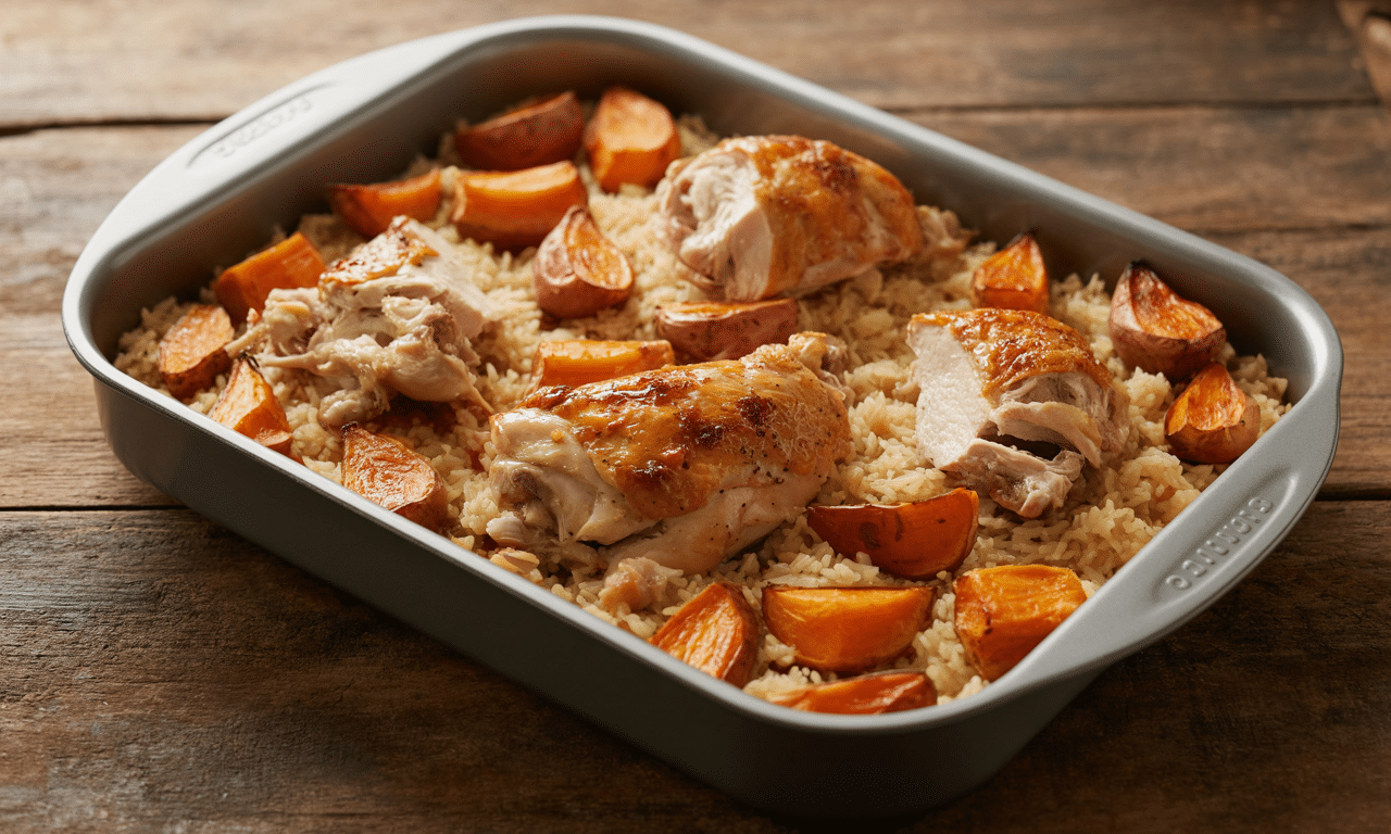 gotuj pyszny obiad z ryżem, pieczonym kurczakiem i batatami w jednym naczyniu – prosto, bez stresu i pełen smaku.