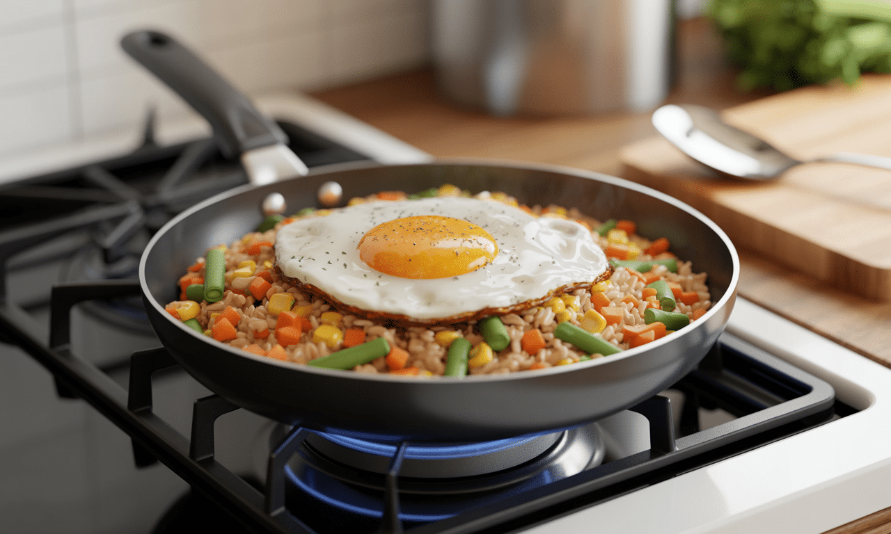 gotuję ryż z warzywami i jajkiem sadzonym – pełny, smaczny i niedrogi posiłek w jednej patelni za jedyne 8 zł.