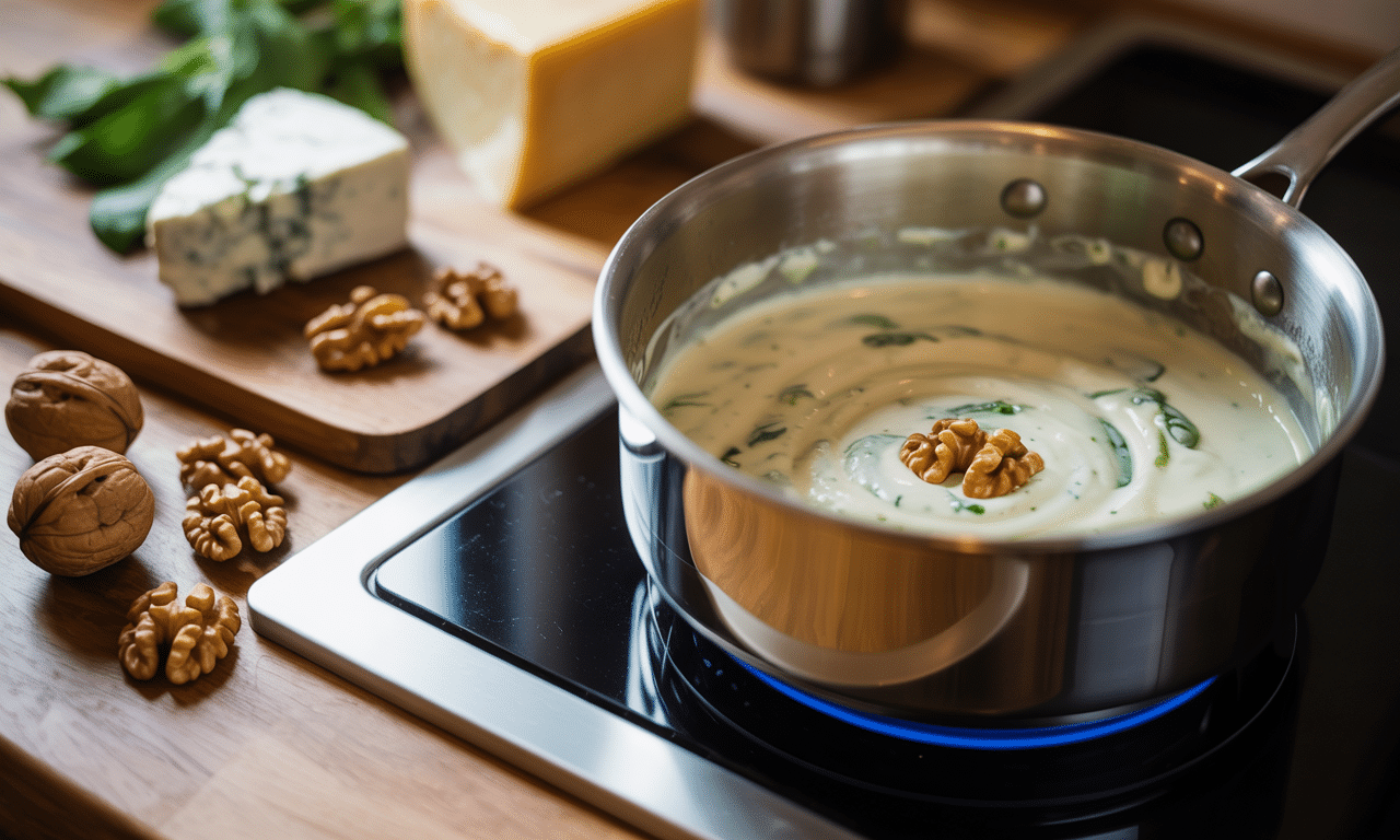 szybki i kremowy sos z gorgonzoli i orzechów, bogaty w smaku, gotowy w zaledwie 5 minut. idealny dodatek do twoich ulubionych dań!