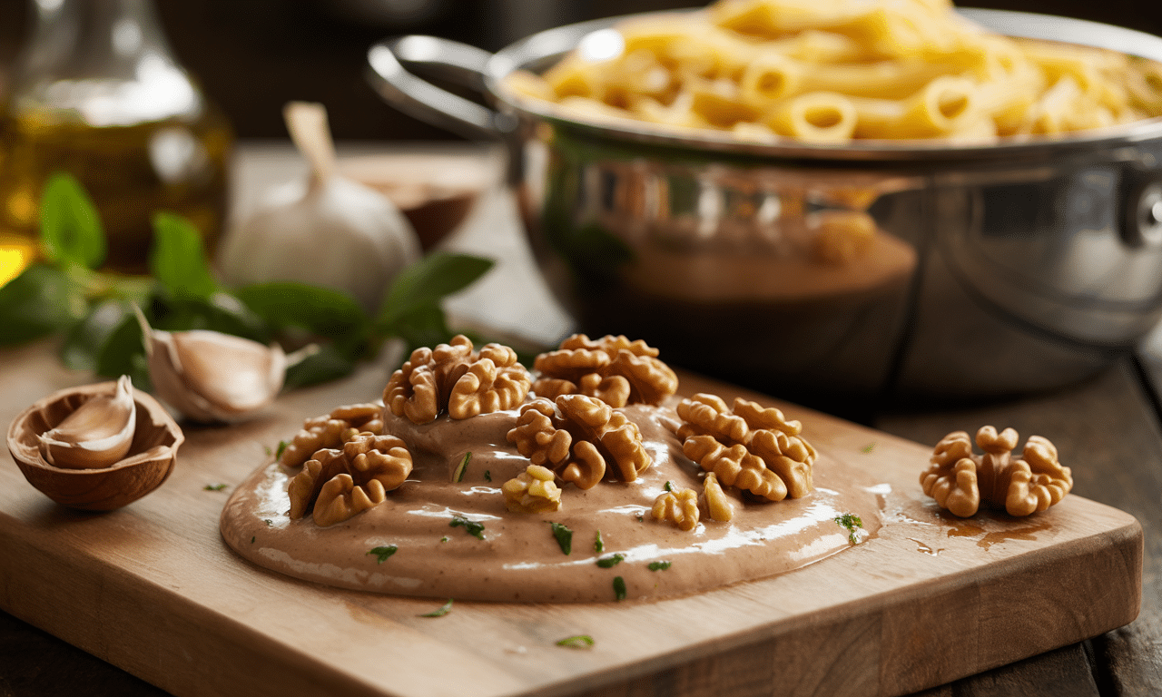 gotuję tradycyjny sos z orzechów włoskich, klasyczny włoski przepis, który nadaje wyjątkowy smak nawet najprostszym daniom z makaronu.