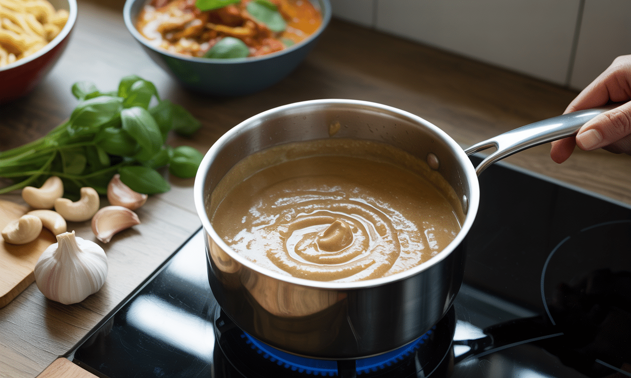 przepis na wegański, kremowy sos z orzeszków nerkowca, idealny do makaronów i curry - prosty i pyszny sposób na roślinne dania.