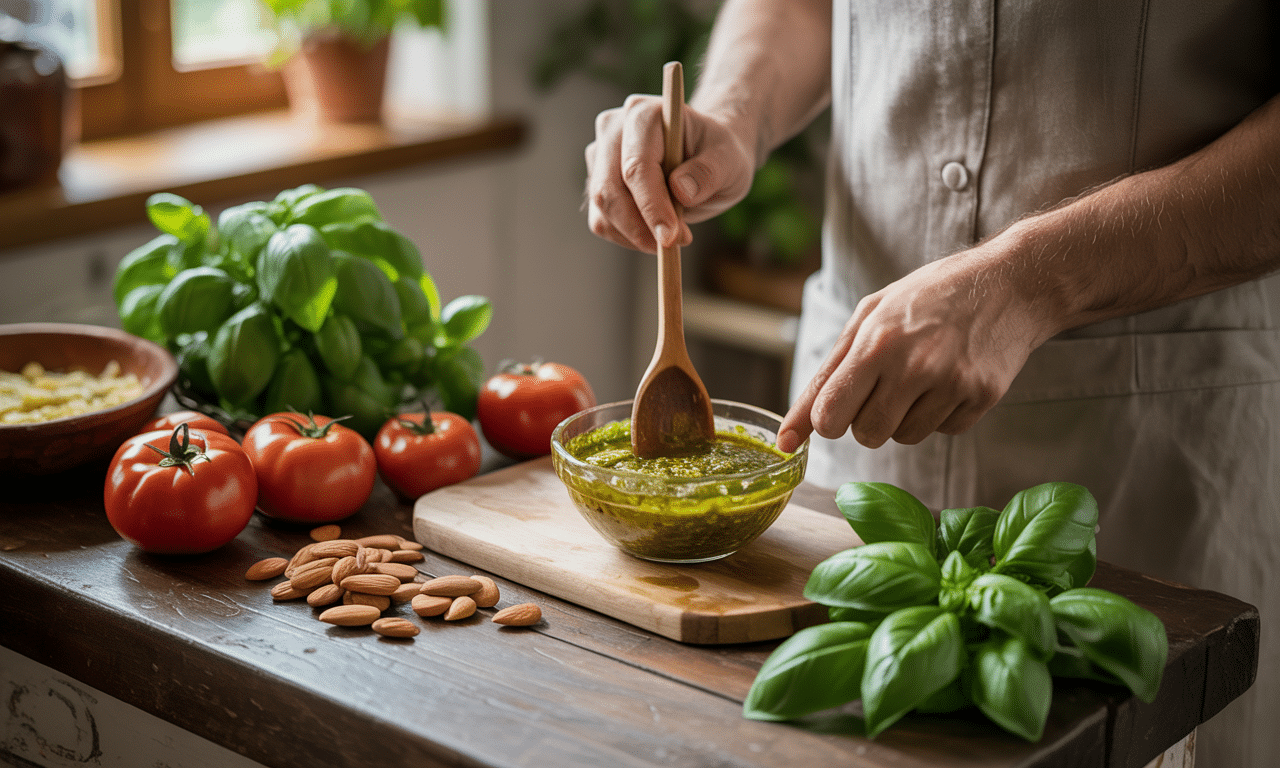 przygotuj szybki sos pesto trapanese z migdałami, pomidorami i bazylią – sycylijski klasyk gotowy w 10 minut.