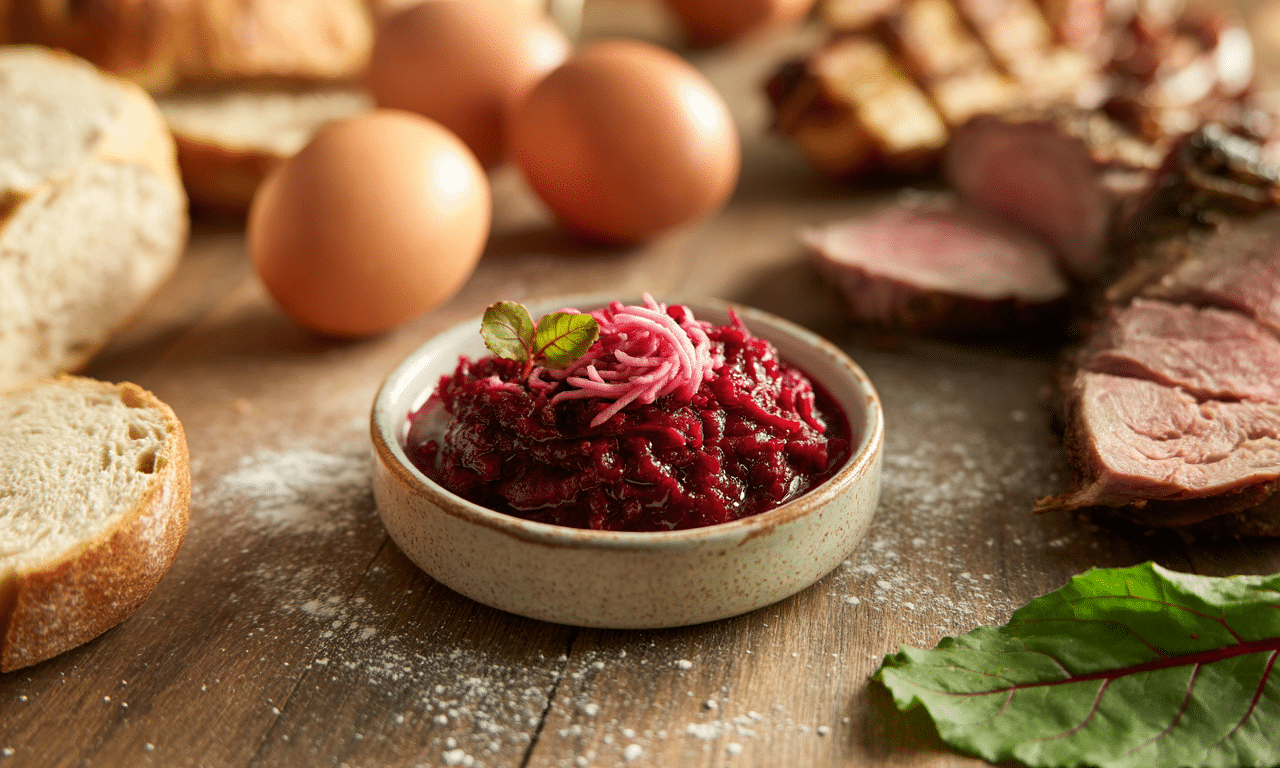 przepis na pyszny sos z pieczonych buraków i chrzanu, doskonały do mięs, jajek i pieczywa. łatwy do przygotowania i pełen smaku.