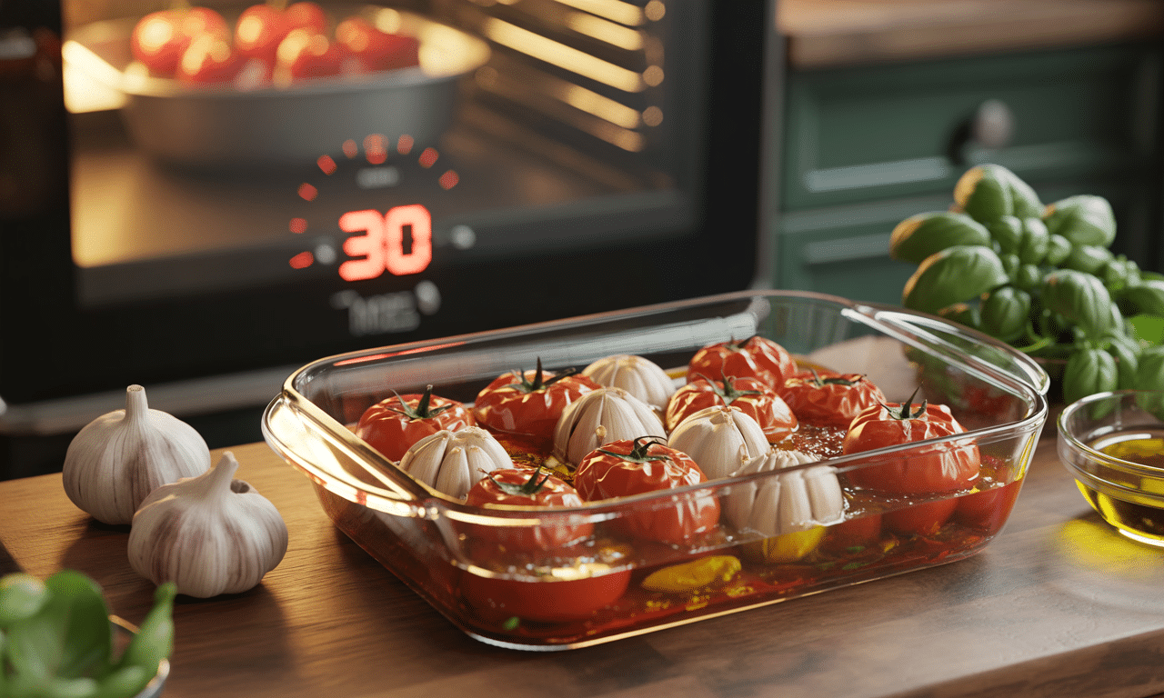 gotuję sos z pieczonych pomidorów i czosnku przez pół godziny w piekarniku, tworząc smaczną bazę na cały tydzień.