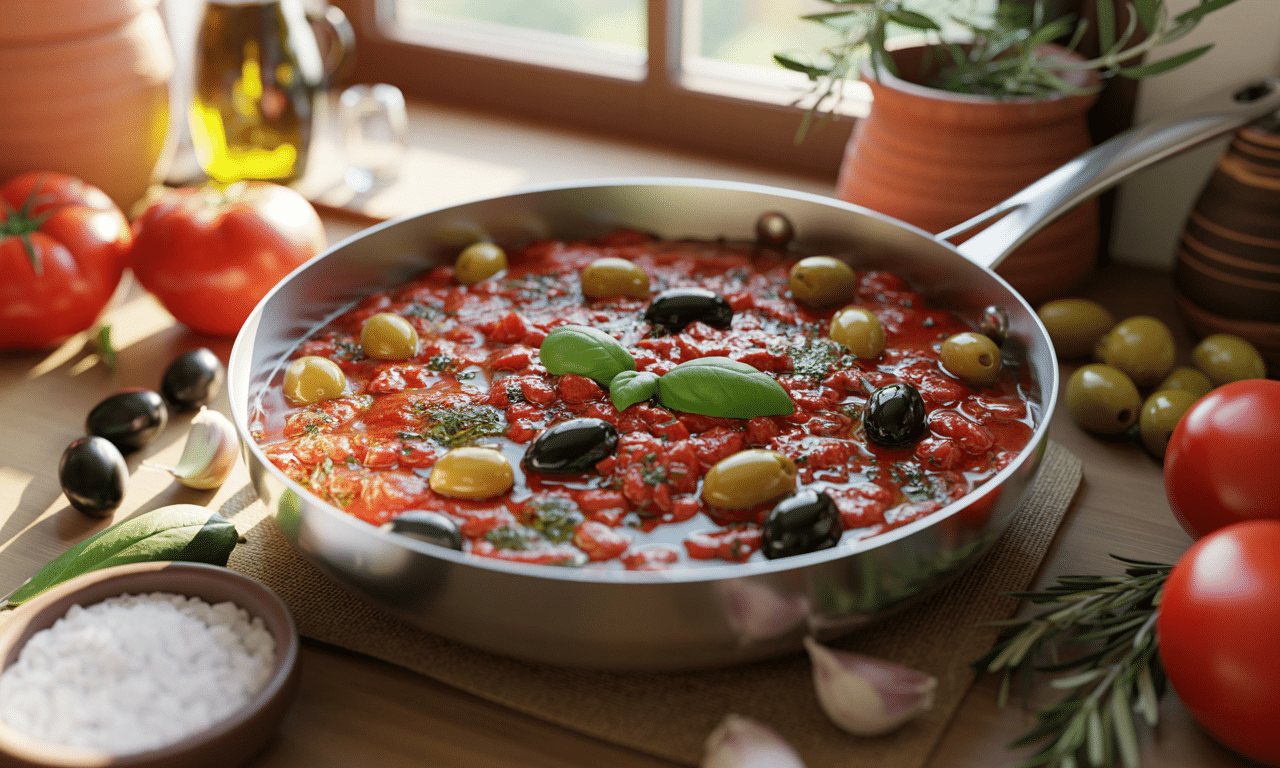gotuję pyszny sos z pomidorów i oliwek o śródziemnomorskim smaku, idealny dodatek do dowolnych potraw. odkryj prosty przepis na uniwersalny sos, który wzbogaci każde danie.
