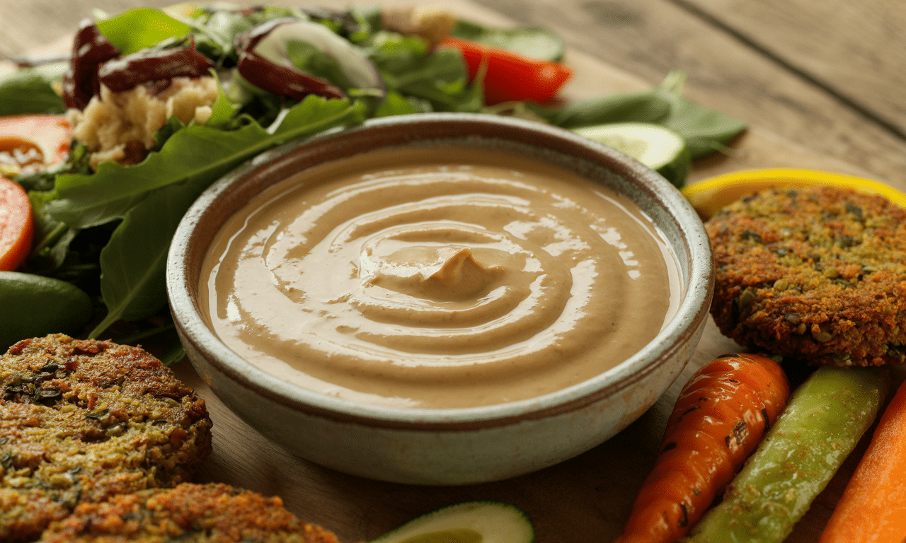 przepis na kremowy, wegański sos z tahini i cytryny, idealny do falafelów, sałatek i warzyw. szybki i zdrowy dodatek do twoich ulubionych potraw.