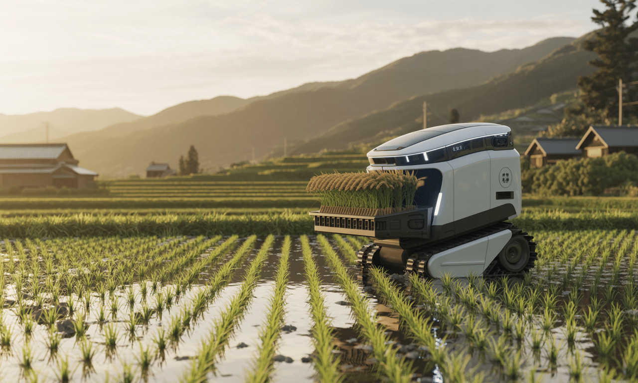 japonia opracowała robota, który samodzielnie uprawia ryż – od sadzenia aż po zbiory, bez potrzeby ludzkiej interwencji.