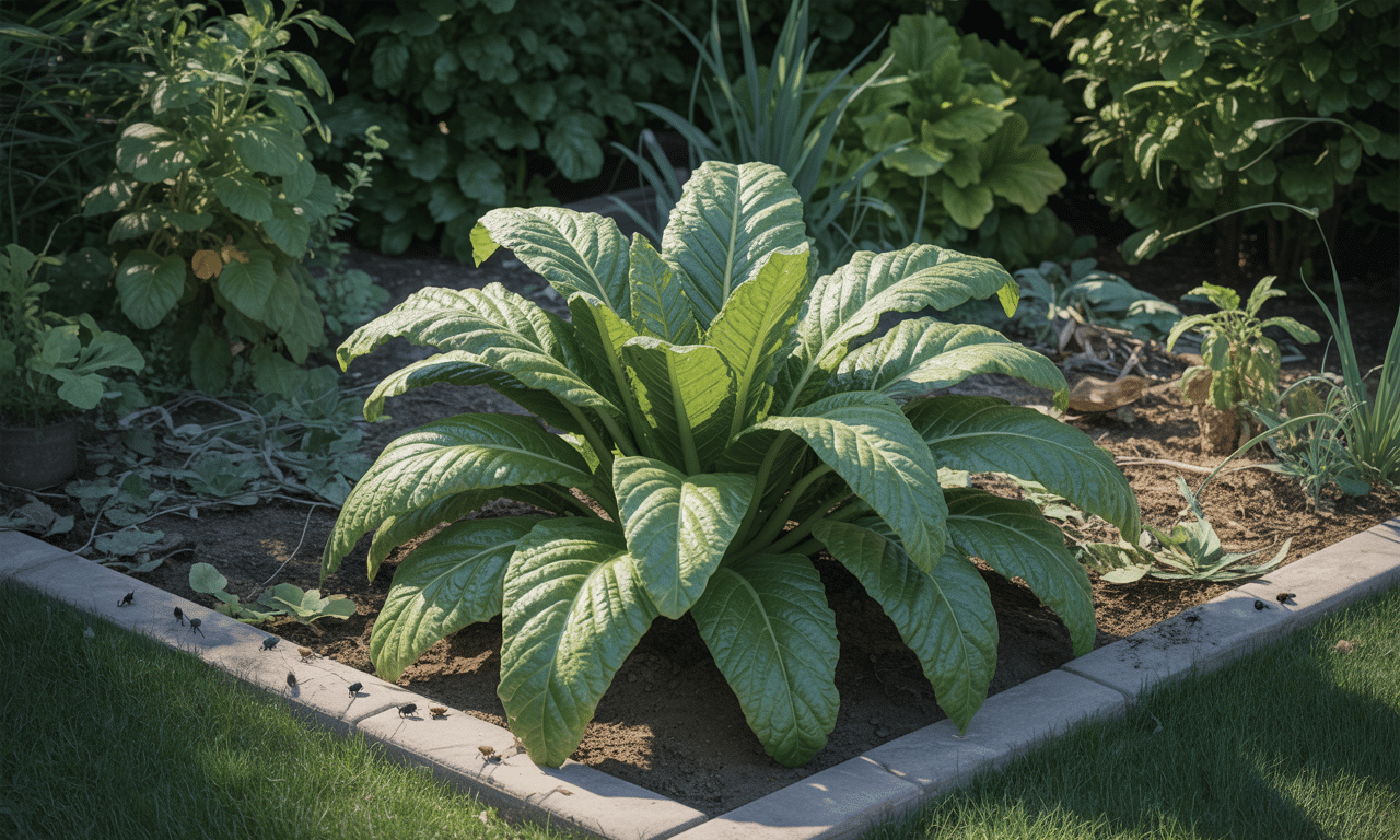 posadziłam chrzan w rogu ogrodu - rośnie samodzielnie i jego liście skutecznie odstraszają szkodniki, chroniąc rośliny przed uszkodzeniami.