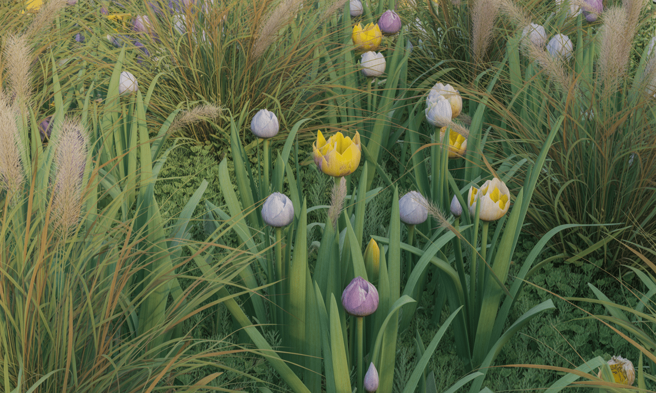 posadziłam kwiaty cebulowe między trawami ozdobnymi, tworząc dziki, naturalny i piękny ogród, który zachwyca od wiosny do jesieni.