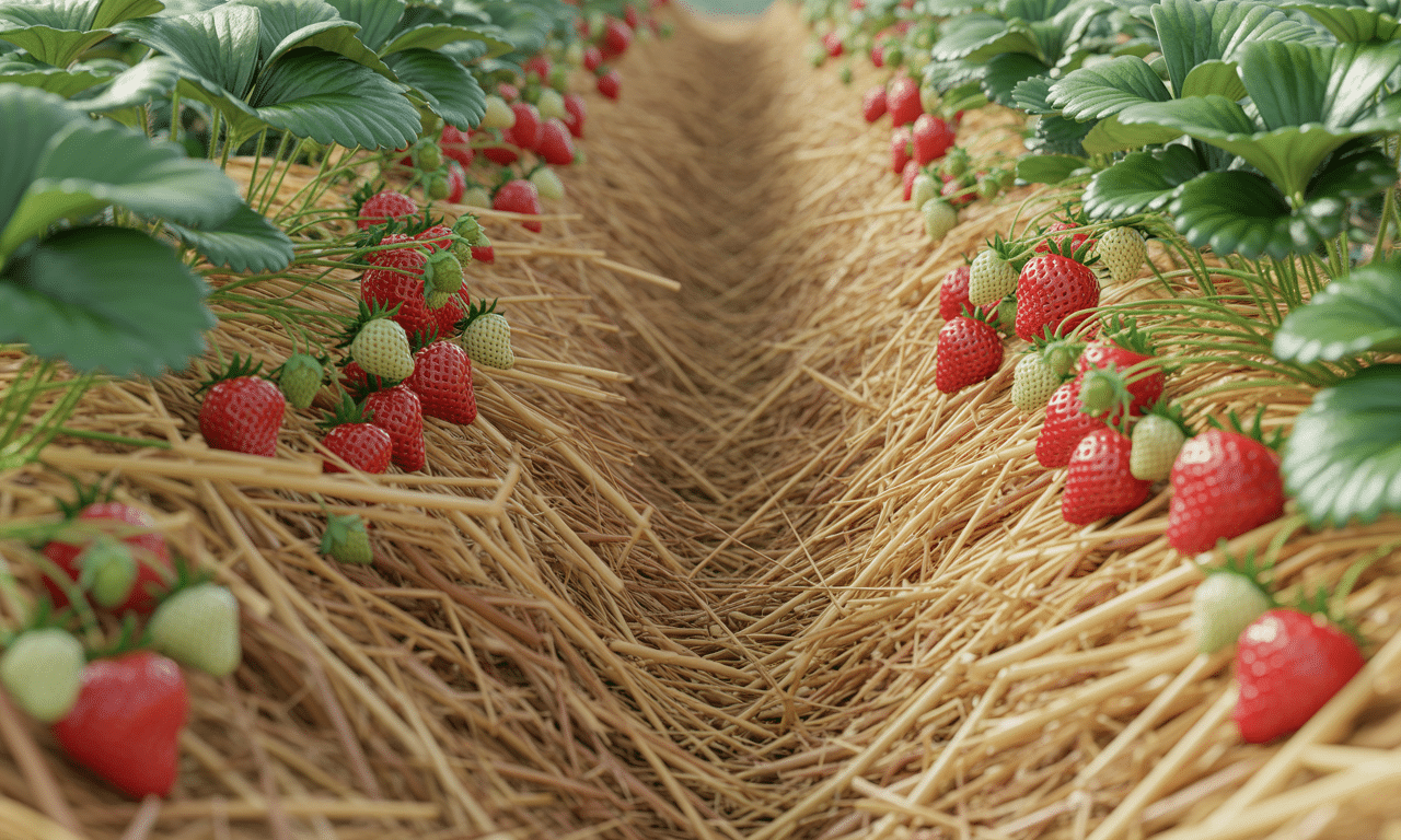 posypałam glebę dookoła truskawek słomą, dzięki czemu owoce pozostały czyste, a wilgoć w glebie się utrzymywała, co sprzyjało zdrowemu wzrostowi roślin.