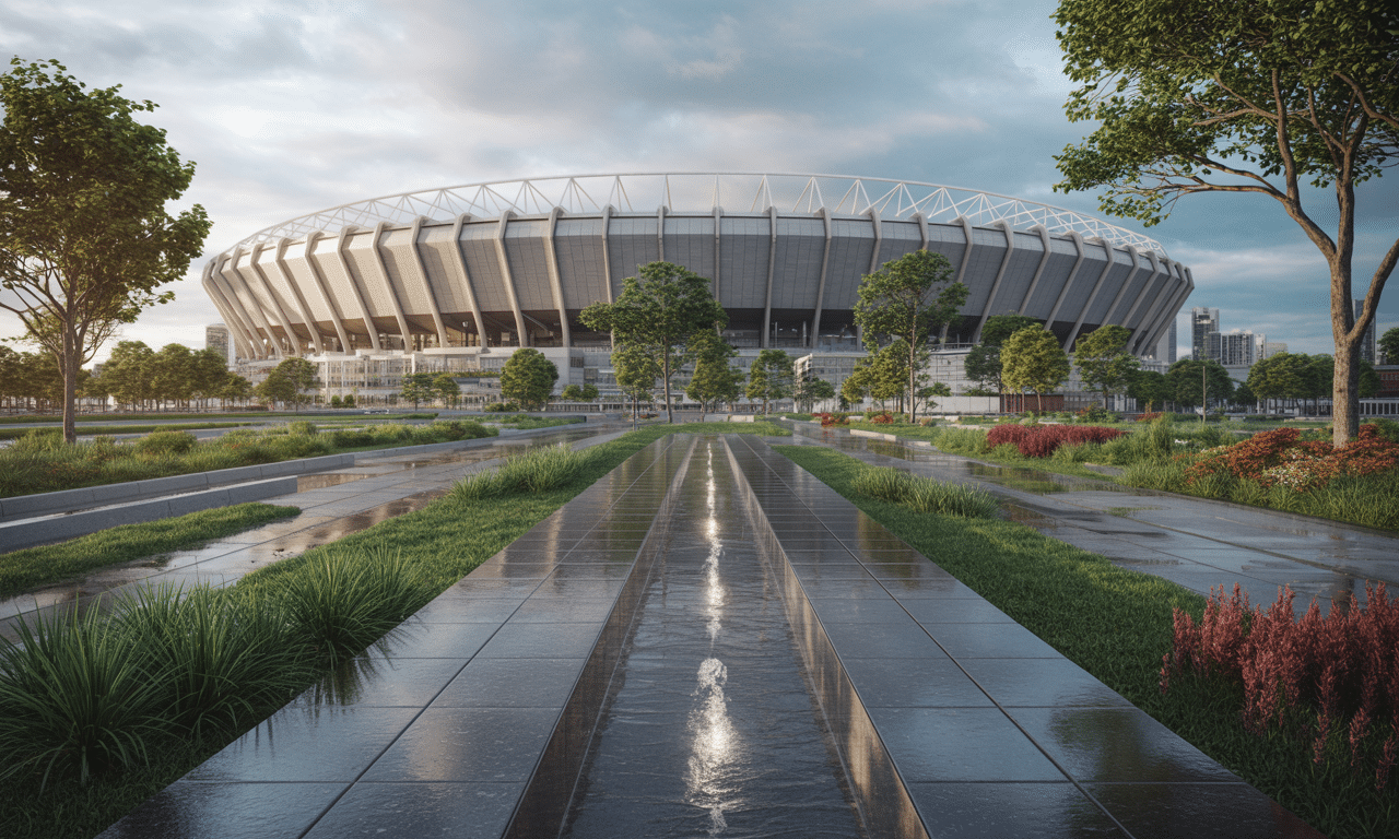 ten kraj zbudował innowacyjny stadion, który zbiera deszczówkę i wykorzystuje ją do nawadniania całej dzielnicy, promując zrównoważony rozwój i ekologię.
