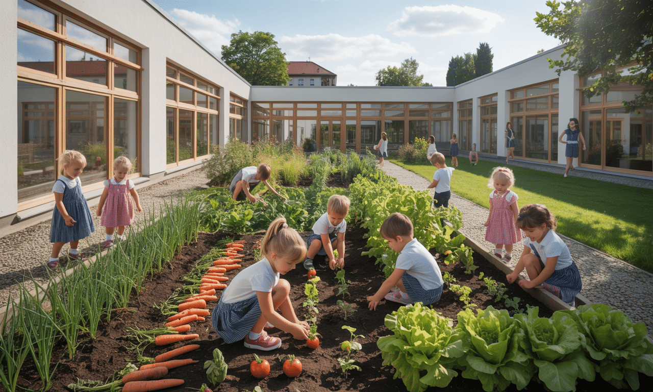 w austrii każda szkoła posiada własny ogródek warzywny, gdzie dzieci uczą się uprawy jedzenia już od przedszkola, rozwijając praktyczne umiejętności i świadomość ekologiczną.