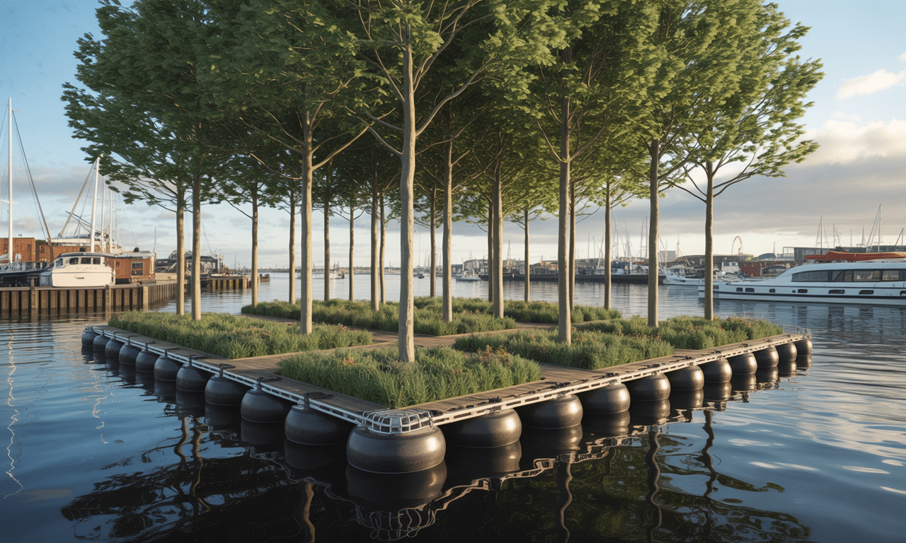 pierwszy na świecie pływający las powstaje w holandii – drzewa rosną na pontonach w porcie, tworząc unikalne zielone przestrzenie na wodzie.