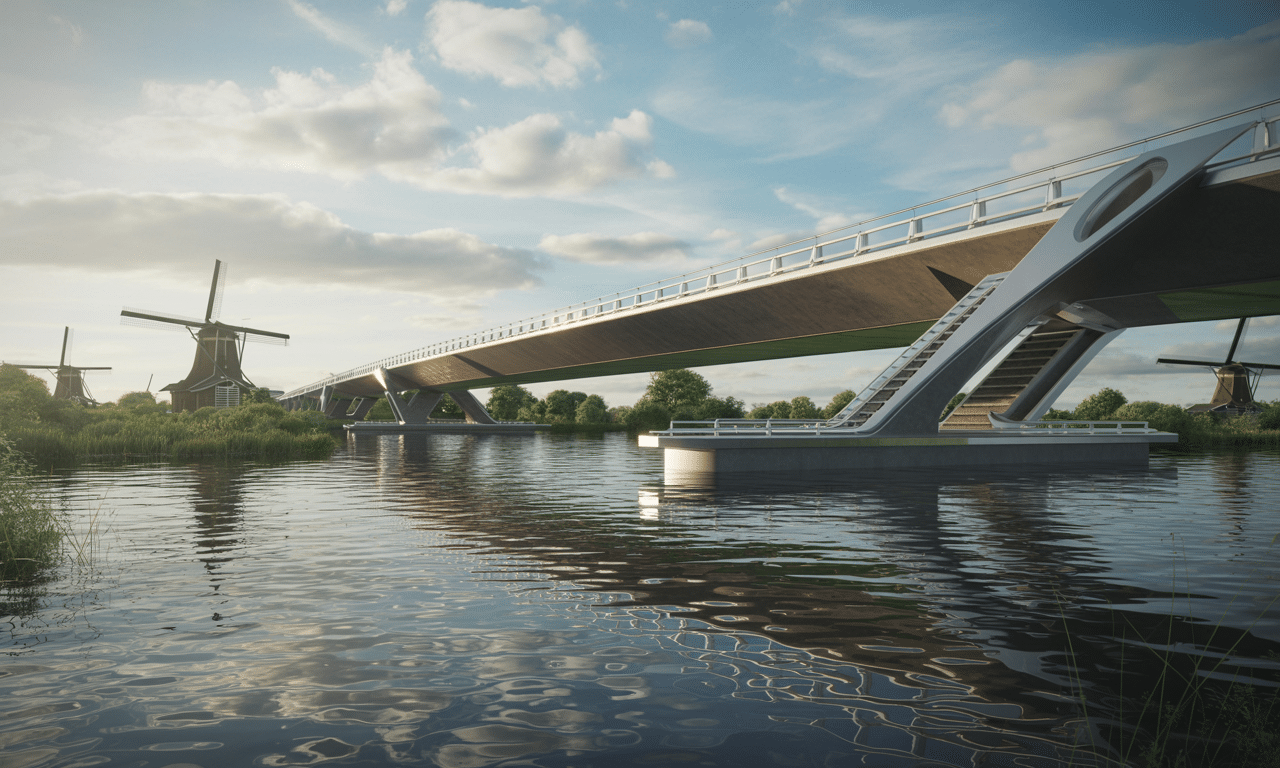 most w holandii, który unosi się na wodzie i automatycznie dostosowuje swój poziom, innowacyjne rozwiązanie inżynieryjne zapewniające stabilność i bezpieczeństwo.
