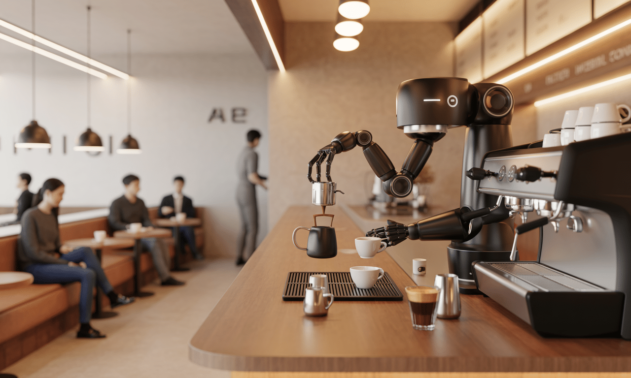 w korei południowej otwarto innowacyjną kawiarnię, gdzie kawę przygotowuje ai barista - zaawansowane ramię robotyczne, łączące nowoczesną technologię z tradycyjną sztuką parzenia kawy.