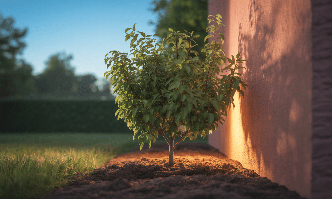 sadzenie drzewka moreli przy południowym murze wykorzystuje ciepło muru, co przedłuża sezon owocowania o miesiąc.