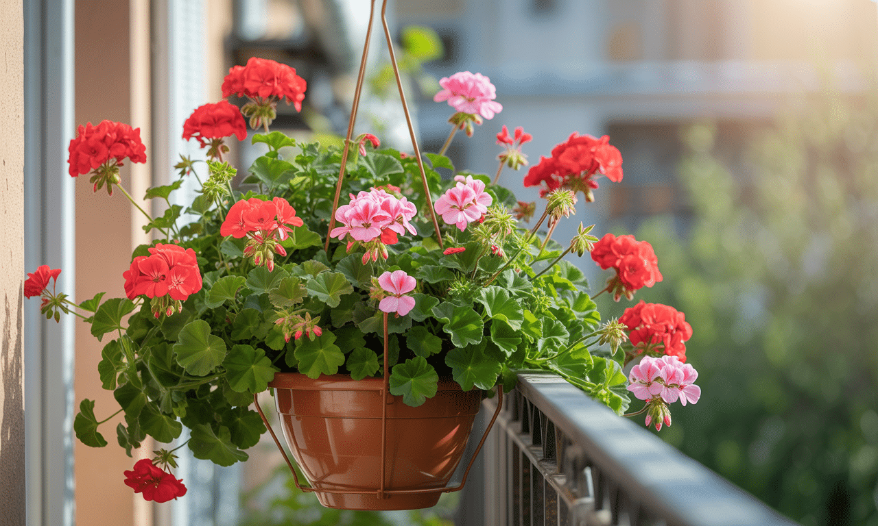 zawieś doniczkę z pelargonią na balkonie od południa i ciesz się jej nieprzerwanym kwitnieniem od maja do października. sprawdź nasze porady na piękne, długotrwałe kwiaty balkonowe.