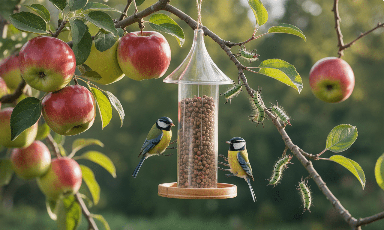 zawiesiłam karmnik dla ptaków obok sadu, co przyciągnęło sikorki jedzące gąsienice i sprawiło, że jabłka były zdrowsze i piękniejsze.
