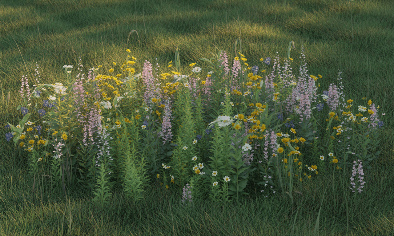 zostawiłam fragment trawnika niekoszony, a po miesiącu zakwitły dzikie polne kwiaty, których nie sadziłam – naturalne piękno na moim podwórku.