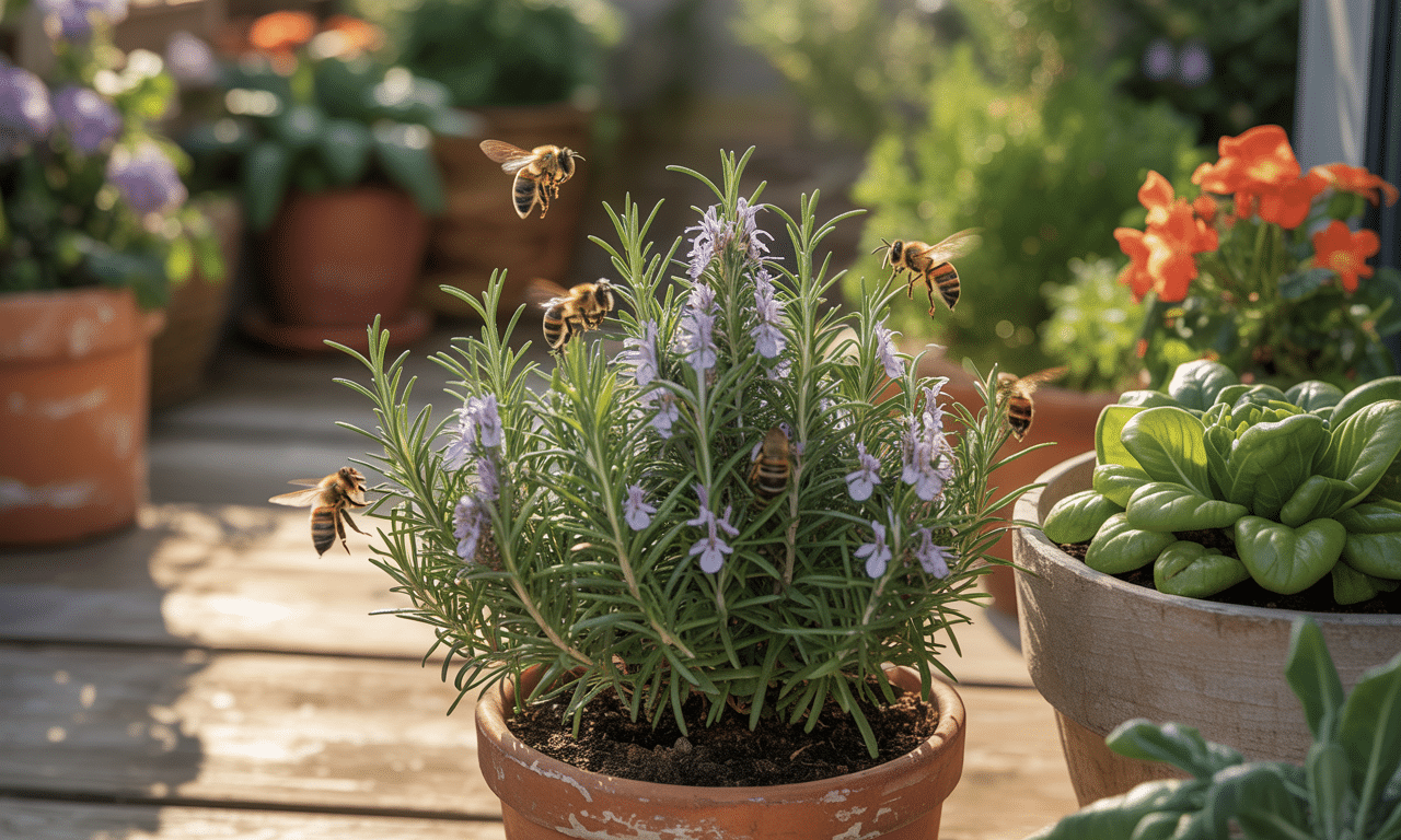 zostawiłam kwitnący rozmaryn na tarasie – pszczoły go uwielbiały, a warzywa w doniczkach kwitły obficiej. odkryj, jak rozmaryn może wspierać zapylanie i zdrowy wzrost roślin.