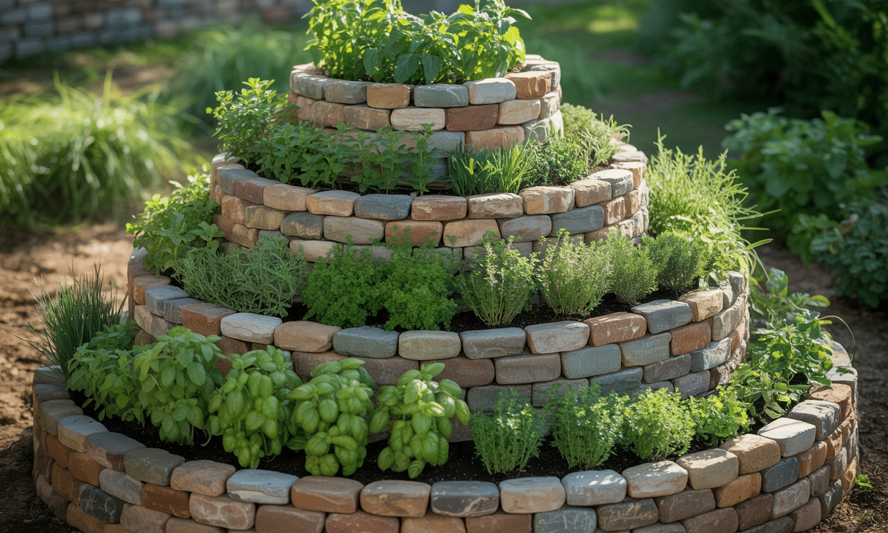 stworzyłam spiralę ziołową z kamieni, gdzie każde zioło rośnie na odpowiednim poziomie z optymalnym nasłonecznieniem, zapewniając zdrowy i bujny wzrost roślin.